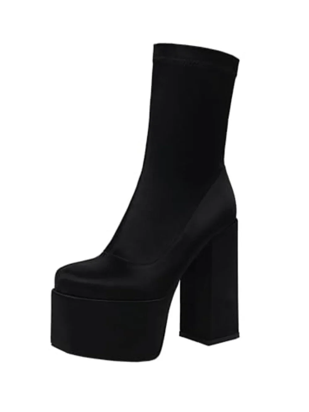Platform Ankle Boots High Chunky Heel Mid-Calf Boots Satin Fabric Zip Closure